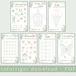 Pu&ograve; includere: Un set di carte di sfida di risparmio stampabili con uno sfondo floreale verde e bianco. Le carte presentano temi diversi, tra cui portafortuna, gelato, animali e diamanti. Ogni carta ha un importo obiettivo e un elenco di importi da risparmiare ogni giorno.