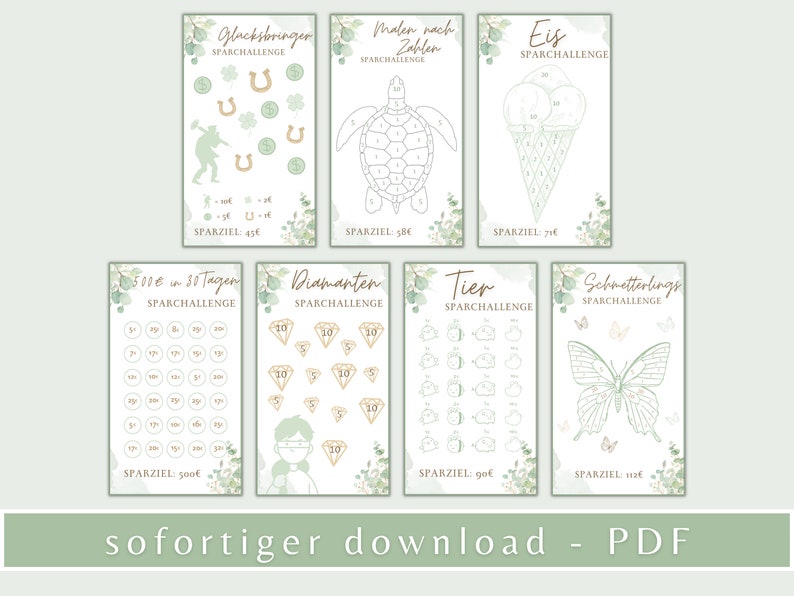 Pu&ograve; includere: Un set di carte di sfida di risparmio stampabili con uno sfondo floreale verde e bianco. Le carte presentano temi diversi, tra cui portafortuna, gelato, animali e diamanti. Ogni carta ha un importo obiettivo e un elenco di importi da risparmiare ogni giorno.