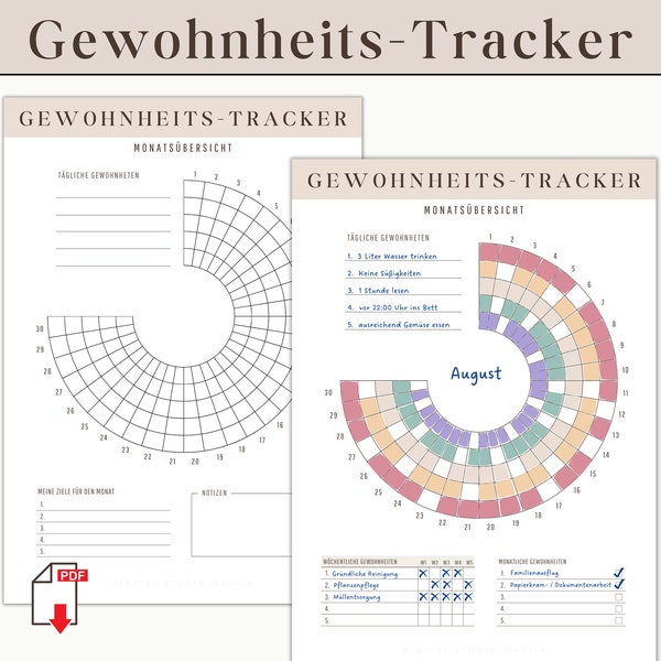 Gewohnheitstracker Kreis Ausdrucken | monatlich Habit Tracker Circle deutsch Routine Challenge |  Motivation Planer Gewohnheiten Trainer