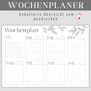 Könnte beinhalten: Ein druckbarer Wochenplaner mit schlichtem Design. Der Planer ist in sieben Abschnitte für jeden Tag der Woche unterteilt, mit einem To-Do-Listen-Abschnitt oben. Der Planer hat ein minimalistisches Design mit einem floralen Motiv.