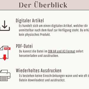 May include: A graphic with the title "Der &Uuml;berblick" in German. It explains that the item is a digital product, a PDF file that can be downloaded and printed in A4 or A3 format. It also states that there are no restrictions on how many times the file can be downloaded and printed.