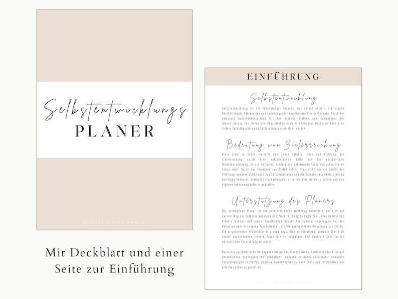 Puede incluir: Un planificador de desarrollo personal beige y blanco con una portada que dice "Selbstentwicklungs PLANER" y una p&aacute;gina con una introducci&oacute;n al desarrollo personal. La p&aacute;gina de introducci&oacute;n incluye el texto "EINF&Uuml;HRUNG", "Selbstentwicklung", "Bedeutung von Zielerreichung" y "Unterst&uuml;tzung des Planers".