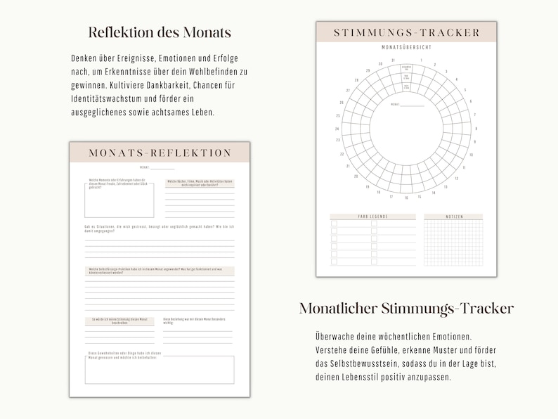 May include: A printable worksheet for monthly reflection and mood tracking. The worksheet includes sections for reflecting on the month's events, emotions, and accomplishments, as well as a mood tracker to monitor daily feelings.
