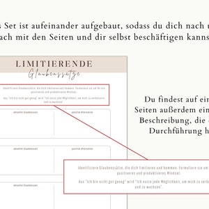 Puede incluir: Una hoja de trabajo imprimible con un fondo marr&oacute;n claro y texto negro. La hoja de trabajo se titula "Creencias limitantes" e incluye una tabla con dos columnas etiquetadas como "creencia limitante" y "alternativa positiva". La hoja de trabajo est&aacute; dise&ntilde;ada para ayudar a los usuarios a identificar y reformular los pensamientos negativos.