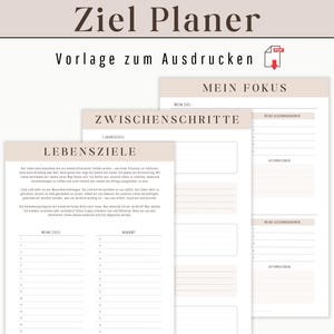 May include: A printable goal planner with sections for life goals, intermediate steps, and a focus area. The planner has a beige background with black text and lines.