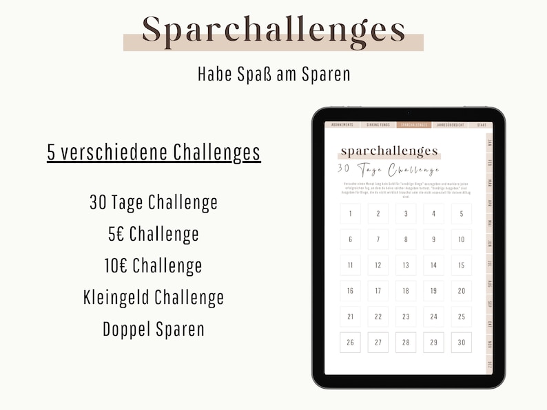 Op de afbeelding: Een digitale tablet met een 30-daagse spaaruitdaging met de titel "Sparchallenges" en de tekst "Habe Spa&szlig; am Sparen" (Veel plezier met sparen). De tablet geeft vijf verschillende uitdagingen weer: 30-daagse uitdaging, &euro;5-uitdaging, &euro;10-uitdaging, Kleingeld-uitdaging en Dubbel Sparen.
