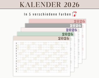 2026 annual calendar for printing as a digital download (PDF) | 2026 annual overview, one month per line | 2026 calendar as a wall calendar