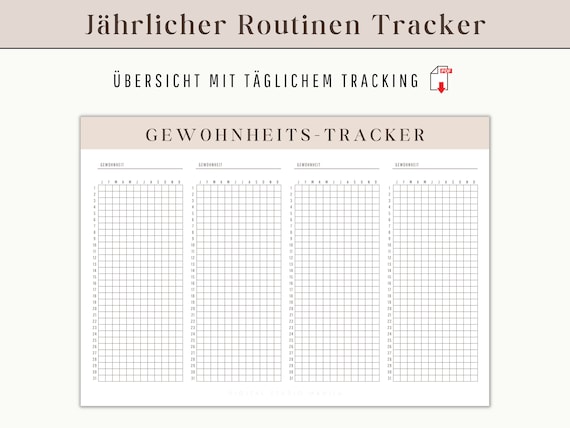 Jährlicher Gewohnheitstracker | Habit Tracker Vorlage deutsch | Check Liste für tägliche Routinen | Ziele und neue Gewohnheiten Challenge