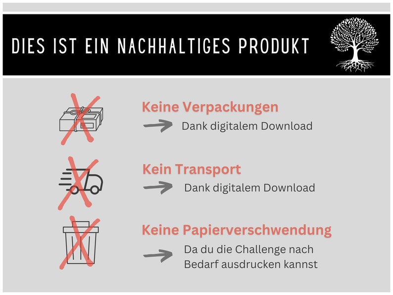 May include: A graphic with the text "DIES IST EIN NACHHALTIGES PRODUKT" in black on a black background. The graphic shows three icons with red X marks over them. The first icon is a box with a red ribbon. The second icon is a delivery truck. The third icon is a trash can. The text below each icon describes the benefits of a digital product: "Keine Verpackungen", "Kein Transport", and "Keine Papierverschwendung".