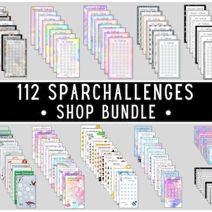 Könnte beinhalten: Eine Sammlung von 112 druckbaren Sparchallenge-Karten mit verschiedenen Designs und Themen. Die Karten sind in Reihen und Spalten angeordnet, wobei jede Karte eine einzigartige Herausforderung zeigt. Der Text "112 Sparchallenges - Shop Bundle" wird oben im Bild angezeigt.