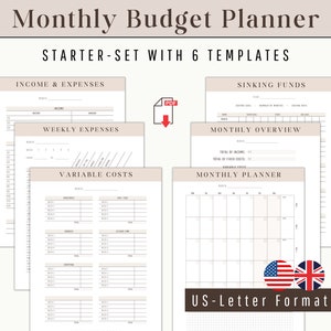 Puede incluir: Un conjunto de seis plantillas de planificador de presupuesto imprimibles en formato US Letter. Las plantillas incluyen secciones para ingresos y gastos, gastos semanales, costos variables, fondos de reserva, resumen mensual y un planificador mensual.