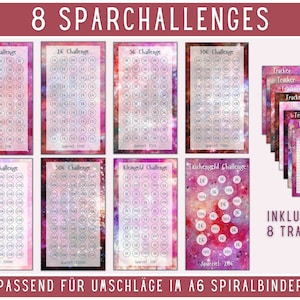 May include: Eight printable saving challenge charts with a galaxy design. Each chart has a different savings goal, such as 16, 26, 56, 106, 206, 506, small change, and pocket money. The charts are designed to fit into A6 spiral binders. The image also includes eight printable trackers with a galaxy design.