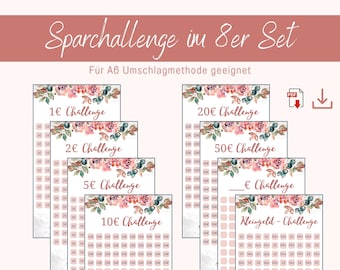 May include: Set of eight printable savings challenges, each with a floral design. The challenges include amounts from 1€ to 50€, and a "Kleingeld-Challenge". The text "Sparchallenge im 8er Set" is at the top.