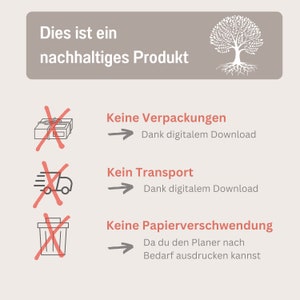 May include: A graphic showing a tree with roots and the text "Dies ist ein nachhaltiges Produkt".  The graphic also shows three red X marks over icons representing packaging, transportation, and paper waste.  The text below each X mark explains how the product is sustainable.  The text reads: "Keine Verpackungen", "Kein Transport", and "Keine Papierverschwendung".