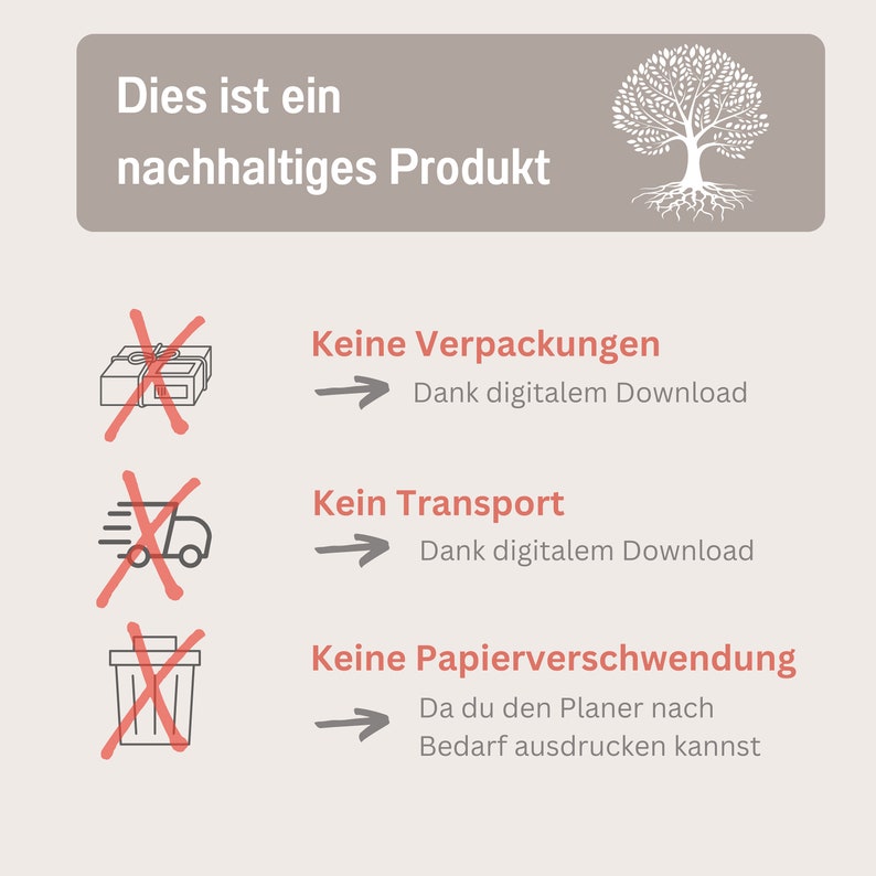 May include: A graphic showing a tree with roots and the text "Dies ist ein nachhaltiges Produkt".  The graphic also shows three red X marks over icons representing packaging, transportation, and paper waste.  The text below each X mark explains how the product is sustainable.  The text reads: "Keine Verpackungen", "Kein Transport", and "Keine Papierverschwendung".