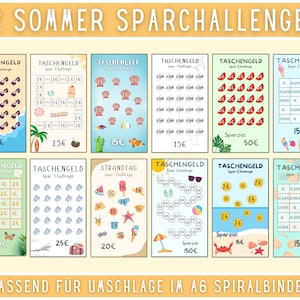 Könnte beinhalten: Zwölf bunte, druckbare Sommer-Spar-Challenge-Karten mit verschiedenen Themen, wie Sonnenbrillen, Muscheln und Wassermelonen. Jede Karte hat einen Sparbetrag, wie zum Beispiel 15 Euro, 20 Euro und 50 Euro. Die Karten sind so konzipiert, dass sie in A6-Spiralordner passen.