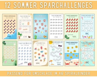 Savings Challenge A6 Summer as a digital DOWNLOAD budget book set | Children's vacation 2023 | Envelope Method Zipper Cashstuffing | German small change