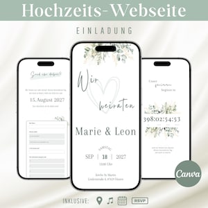 Könnte beinhalten: Drei Smartphones zeigen eine digitale Hochzeits-Webseite mit salbeigrünen floralen Akzenten. Auf den Bildschirmen ist deutscher Text zu sehen, darunter "Wir heiraten", "Marie & Leon", ein Countdown-Timer und ein RSVP-Formular mit Eingabefeldern.