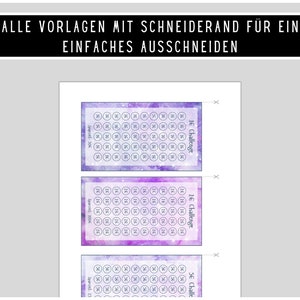 May include: Three printable challenge cards with a galaxy-themed background. Each card has a grid of circles with numbers 1, 2, 5, 10, 16, and 26. The cards are labelled "1&euro; Challenge", "2&euro; Challenge", and "5&euro; Challenge".