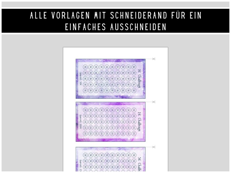 May include: Three printable challenge cards with a galaxy-themed background. Each card has a grid of circles with numbers 1, 2, 5, 10, 16, and 26. The cards are labelled "1&euro; Challenge", "2&euro; Challenge", and "5&euro; Challenge".