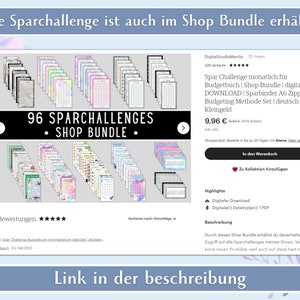 May include: A digital product listing for a bundle of 96 printable saving challenges. The image shows a variety of colorful and pastel-colored designs. The text on the image reads "96 Sparchallenges Shop Bundle".
