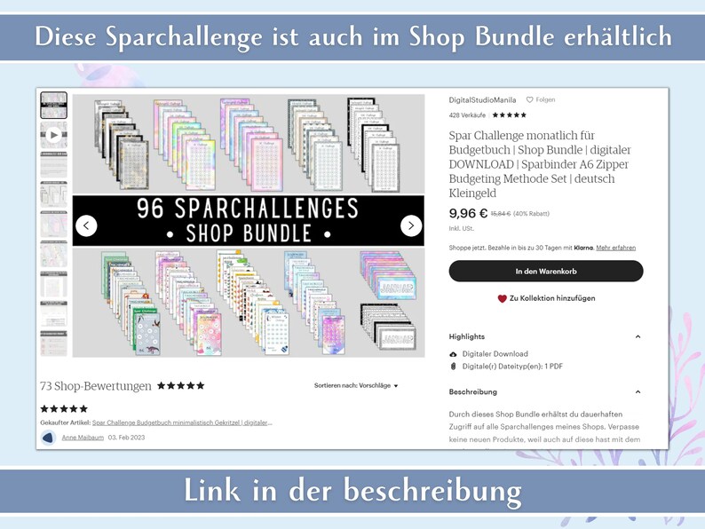 May include: A digital product listing for a bundle of 96 printable saving challenges. The image shows a variety of colorful and pastel-colored designs. The text on the image reads "96 Sparchallenges Shop Bundle".