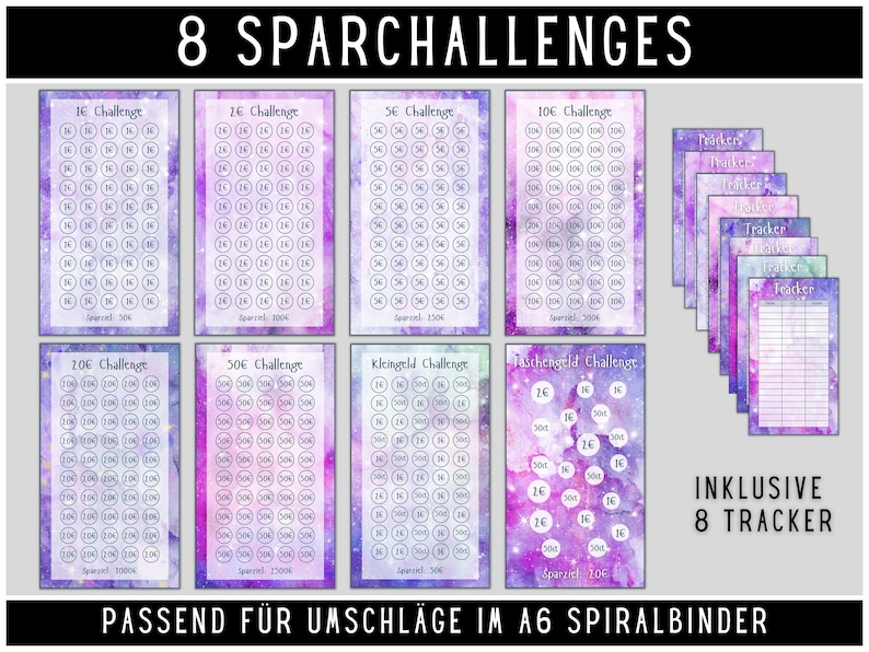 May include: Eight printable galaxy-themed saving challenge cards with a matching tracker sheet. Each card features a different savings goal amount, from 16 pence to 50 pounds. The cards are designed to fit in an A6 spiral binder.