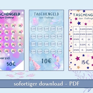 May include: Three printable charts for a savings challenge. Each chart has a different goal amount: 50 euros, 10 euros, and 15 euros. The charts are decorated with hearts, stars, and sea creatures.