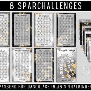 May include: Eight printable saving challenge charts with a marble and gold design. Each chart features a different savings goal, such as 1€, 2€, 5€, 10€, 20€, 50€, 100€, and 200€. The charts are designed to be used with A6 spiral binders. The image also includes eight printable tracker sheets.