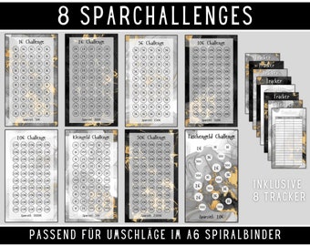 Spar Challenge monatlich für Budgetbuch | schwarz gold | digitaler DOWNLOAD | Sparbinder A6 Zipper Budgeting Methode Set | deutsch Kleingeld