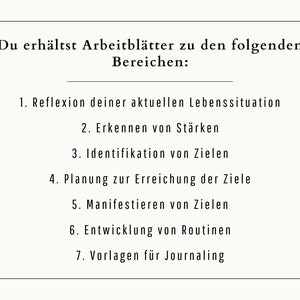 Puede incluir: Un documento de texto en blanco y negro con el t&iacute;tulo "Du erh&auml;ltst Arbeitbl&auml;tter zu den folgenden Bereichen:" y una lista de siete temas relacionados con la superaci&oacute;n personal y el establecimiento de objetivos.