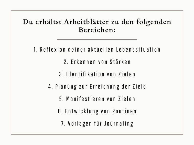 Puede incluir: Un documento de texto en blanco y negro con el t&iacute;tulo "Du erh&auml;ltst Arbeitbl&auml;tter zu den folgenden Bereichen:" y una lista de siete temas relacionados con la superaci&oacute;n personal y el establecimiento de objetivos.