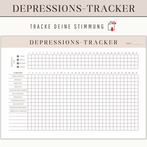 Könnte beinhalten: Ein druckbarer Depressions-Tracker mit beigefarbenem Hintergrund und schwarzem Text. Der Tracker enthält einen Bereich zur Verfolgung des Stimmungslevels und einen Bereich zur Verfolgung von Symptomen. Der Tracker ist mit "DEPRESSIONS-TRACKER" und "TRACKE DEINE STIMMUNG" beschriftet.