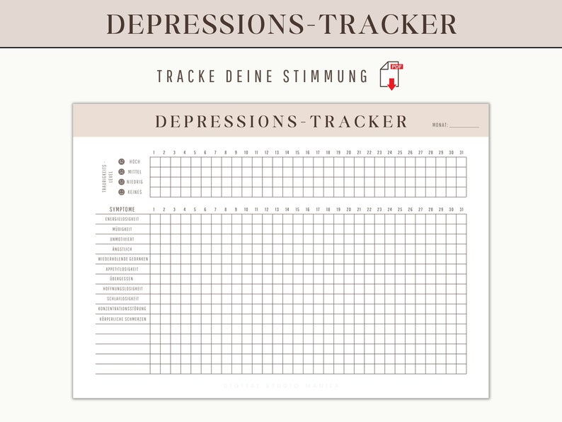 May include: A printable depression tracker with a beige background and black text. The tracker includes a section for tracking mood levels and a section for tracking symptoms. The tracker is labeled "DEPRESSIONS-TRACKER" and "TRACKE DEINE STIMMUNG".