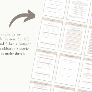 May include: A collection of printable journal pages with a beige and white color scheme. The pages include prompts for tracking habits, sleep, goals, gratitude exercises, and more. Text on the image reads: "Track your habits, sleep, goals and do gratitude exercises and much more."