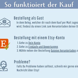 May include: A blue and white illustration of an envelope with an "@" symbol inside. A red and white illustration of a checkmark next to a capital "E". A blue and white illustration of a person wearing a headset. Text in German reads: "So funktioniert der Kauf", "Bestellung als Gast", "In dem Beleg, welcher dir nach dem Kauf per Mail zugestellt wird, findest du einen Link zum Herunterladen deiner Dateien", "Bestellung mit einem Etsy-Konto", "1. Gehe zu Dein Konto", "2. Gehe zu Eink&auml;ufe und Bewertungen", "3. W&auml;hle neben der Bestellung Dateien herunterladen aus", "Probleme?", "Falls Du Probleme haben solltest, schreib mir gerne eine Nachricht &uuml;ber Etsy!"
