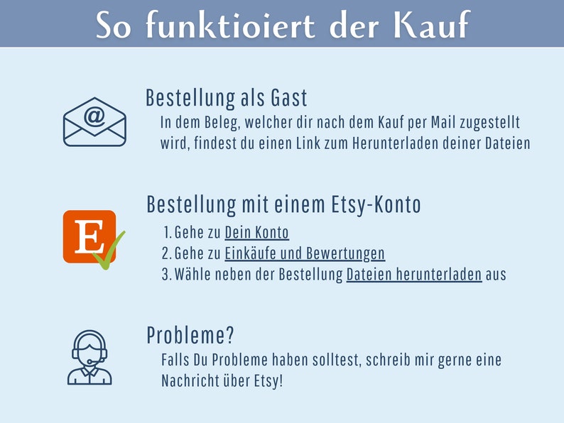 May include: A blue and white illustration of an envelope with an "@" symbol inside. A red and white illustration of a checkmark next to a capital "E". A blue and white illustration of a person wearing a headset. Text in German reads: "So funktioniert der Kauf", "Bestellung als Gast", "In dem Beleg, welcher dir nach dem Kauf per Mail zugestellt wird, findest du einen Link zum Herunterladen deiner Dateien", "Bestellung mit einem Etsy-Konto", "1. Gehe zu Dein Konto", "2. Gehe zu Eink&auml;ufe und Bewertungen", "3. W&auml;hle neben der Bestellung Dateien herunterladen aus", "Probleme?", "Falls Du Probleme haben solltest, schreib mir gerne eine Nachricht &uuml;ber Etsy!"