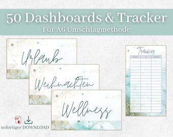 May include: Three printable A6 sized dashboards with watercolor backgrounds and gold accents. The dashboards are labeled "Urlaub", "Weihnachten", and "Wellness". A printable tracker sheet is also included.
