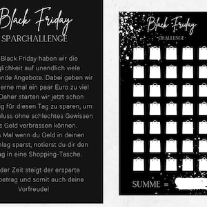 May include: Black and white graphic with the text "Black Friday Sparchallange" and instructions for a savings challenge. The graphic includes a grid of 25 white shopping bags on a black background with the text "Black Friday Challenge" and "SUMME =" at the bottom.