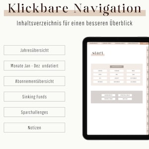 Op de afbeelding: Een digitale tablet met een lichtbruine achtergrond en een klikbaar navigatiemenu. Het menu bevat categorie&euml;n zoals "Jahres&uuml;bersicht", "Monate Jan - Dez undatiert", "Abonnement&uuml;bersicht", "Sinking Funds", "Sparchallenges" en "Notizen". De tablet toont een scherm met het woord "start" bovenaan.