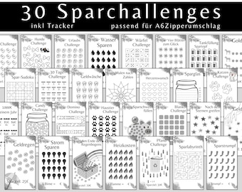 Sparchallenge A6 als digitaler DOWNLOAD Budgetbuch Set | schwarz weiß | Umschlagmethode Sparbinder Zipper Cash Stuffing | deutsch Kleingeld