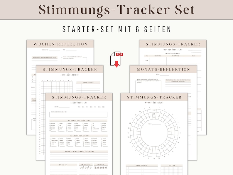 May include: A set of six printable mood tracker pages in a minimalist style. The pages include a weekly reflection, a monthly reflection, a daily mood tracker, a weekly mood tracker, a monthly mood tracker, and a yearly mood tracker.