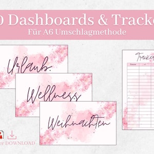Könnte beinhalten: Ein Set mit 50 druckbaren Dashboards und Trackern für die A6-Umschlagsmethode. Die Dashboards haben Aquarellhintergründe in den Farben Rosa und Weiß. Der Text auf den Dashboards lautet "Urlaub", "Wellness" und "Weihnachten". Der Tracker hat eine Spalte für das Datum, eine Spalte für "To Do" und eine Spalte für "Notizen".