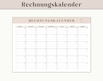 May include: A printable invoice calendar with the title "Rechnungskalender" in German. The calendar is divided into seven columns for each day of the week, with rows for each week of the month. The calendar is designed for tracking invoices and payments.