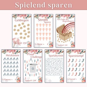 Op de afbeelding: Een set printbare grafieken om geld te sparen met een speels thema. Elke grafiek heeft een ander spaardoel, zoals "Strom Sparen" (Bespaar energie) en "Geldregen" (Geldregen). De grafieken zijn versierd met bloemmotieven en kleurrijke illustraties.