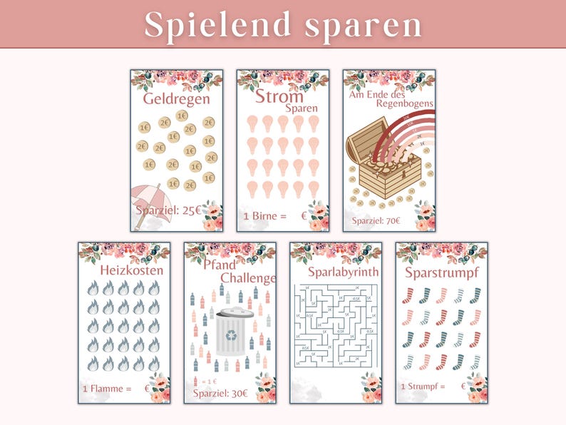 Op de afbeelding: Een set printbare grafieken om geld te sparen met een speels thema. Elke grafiek heeft een ander spaardoel, zoals "Strom Sparen" (Bespaar energie) en "Geldregen" (Geldregen). De grafieken zijn versierd met bloemmotieven en kleurrijke illustraties.