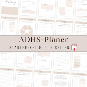 Puede incluir: Un conjunto de páginas de planificador imprimibles en beige y blanco. Las páginas incluyen secciones para la planificación semanal, el reconocimiento de sentimientos y la búsqueda de enfoque. El título "ADHS-Planer" se muestra, junto con "Starter-Set mit 19 Seiten".