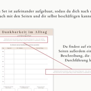 May include: A gratitude journal page with the title "Gratitude in Everyday Life" and a section to track daily routines. The page includes text in German and a section to write daily entries.