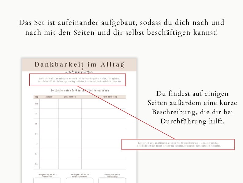 May include: A gratitude journal page with the title "Gratitude in Everyday Life" and a section to track daily routines. The page includes text in German and a section to write daily entries.