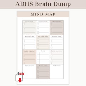 Może przedstawiać: Szablon mapy myśli zatytułowany "ADHS Brain Dump" z sekcjami na notatki i zadania. Projekt jest w neutralnych tonacjach z ikoną pobierania PDF. Tekst zawiera zwroty takie jak "Mind Map" i niemieckie zwroty.